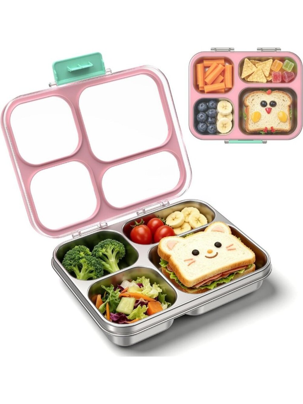Leakproof Stainless Steel Bento Lunch Box for Kids - 4 Compartments, BPA-Free